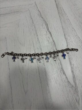 Brighton Silver Cross Charm Bracelet with Blue Accents - Women Jewelry